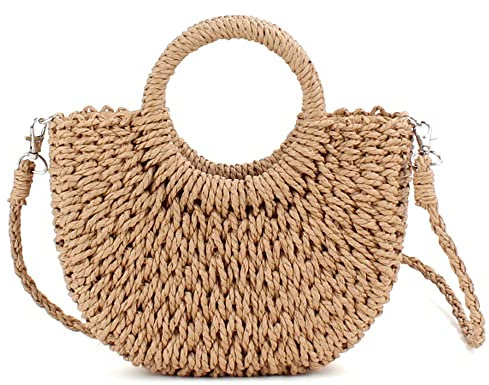 QTKJ Mini halvcirkel rotting halmväska, handvävd kvinnor sommar retro strand tygväska axelväska crossbody resa strandväska, Khaki, 6.29''x 9.84'', Bohemisk