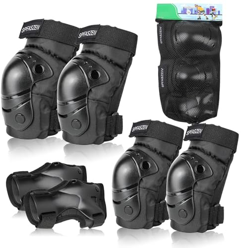 Set Ginocchiere Aduti, Protezione Kit per Bambini,Kit Protezione Gomitiere Polsiere per Pattini Sci Monopattino Pattini in Linea o a Rotelle Scooter（Black A S)
