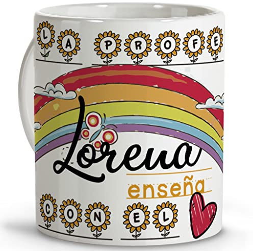 LolaPix Taza Profesora. Tazas Profesores. Taza personalizada con Nombre. Regalos para Profesores. Taza de Cerámica. Interior de Colores. ENSEÃ‘AR CON EL CORAZÃ“N.