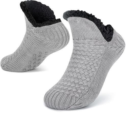 Tolumo Knitted Slipper Socks for Women Men Thick Lined Warm Holding Non Slip JH1 Grey