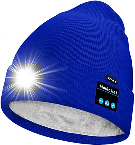 ATNKE Unisex LED Bluetooth Mütze mit Licht,Wiederaufladbare USB 4 LED Musik Redner Laufmütze Lampe Winter Warme Gefüttertes Fleece Stricken Mütze für Herren und Damen Geschenke