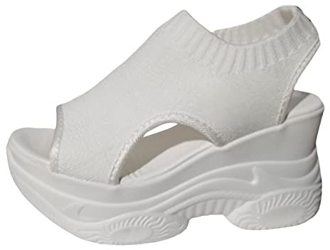 Lazzboy Sandalen Damen Sommer Bequem Flach High Heel Pantoletten Sandaletten Mit Absatz Vintage Elegant Schuhe Ultraleichte Tennisschuhe Stretch Fly Woven Sommerschuhe (Weiß,38)