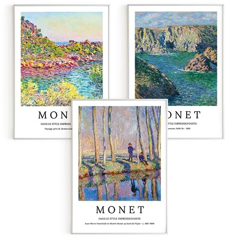 Bilder-Set: 3 x DIN A1 (60x84) Premium Posterpapier - Claude Monet, Felsen von Guibel; am Ufer der Epte; Landschaft bei Montecarlo; Moderne Kunst, Kunstdruck ohne Rahmen, Wandbild, Bilderwand - A4,..