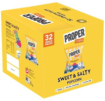 PROPER Sweet & Salty Popcorn, Natural Sea Salt and Demerara Sugar Seasoning, Vegetarian, Gluten-Free, Hand-Popped Corn, 65 kcal, 14g, Box of 32
