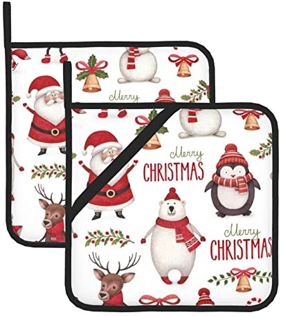 Set di 2 presine resistenti al calore con tasca per cottura in cucina, forno, forno a microonde (20,5 x 20,5 cm) / Babbo Natale