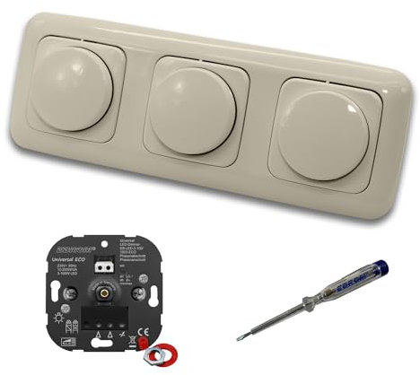 EBROM 1003 Universal ECO (3 Stück) LED Drehdimmer Dimmer + Busch Jäger Dimmerscheiben 2115-212 in DURO2000 cremeweiß glänzend im 3-fach Rahmen inkl. EBROM Phasenprüfer zur Montage der Geräte