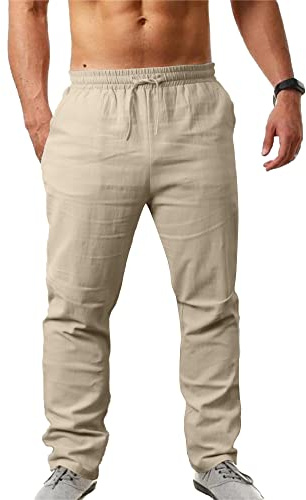 NANAMEEI Pantalon Lin Homme de Plage Pantalon Leger Ete Homme Décontractés Taille Elastique Casual Coton Yoga Pants Men Kaki L