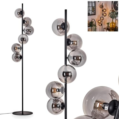 Stehleuchte Gastor, Stehlampe aus Metall/Glas in Schwarz/Rauchfarben, Leuchte im modernen Retro/Vintage-Design mit Schirmen aus Glas (Ø 15 cm) u. Fußschalter, Höhe 160 cm, 6 x E14, ohne Leuchtmittel