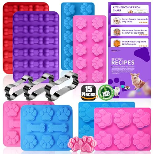RUGVOMWM Moldes de silicona caseros para golosinas para perros, cortadores de galletas para perros, moldes de silicona de grado alimenticio para dulces y cubitos de hielo para perros, juego de 15