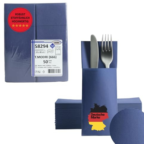 AROBA Airlaid Lot de 50 serviettes à couverts (bleu, 32 x 40 cm) – Sacs à serviettes de qualité supérieure – Sacs à couverts pliés – Serviettes Airlaid semblables au tissu