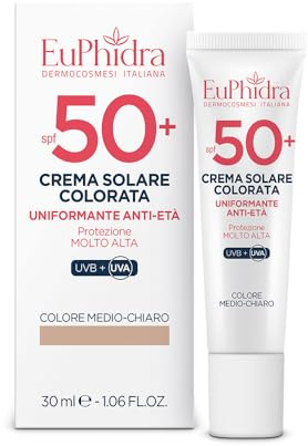 EUPHIDRA, Crema Solare Viso Colorata SPF 50+ Tonalità Medio-Chiaro, Effetto Uniformante e Anti-Age, Texture Leggera, Senza Siliconi, Parabeni e Profumo, Protezione Alta Ipoallergenica, 30 ml