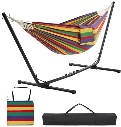 Yaheetech Hängmatta med ram, justerbar dubbelhängmatta 294/304/314 cm med stabil ram, kan belastas upp till 205 kg, generös 2–3 personer, hammock för inomhus och utomhus, regnbågsränder