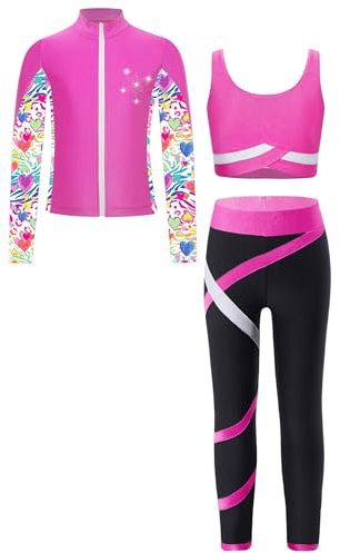 Miutii Mädchen Sport Set Trainingsanzug 3tlg. Sweatjacke + Sport BH Tops + Hose Leggings Eiskunstlauf Anzug Fitness Yoga Gym Jogginganzug Dunkel Rosa 122-128