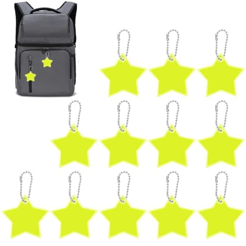 WeddHuis 12pcs Sicherheits Reflektor Anhänger Stern Reflektoren Kinder Anhänger Reflektierende Schlüsselanhänger für Rucksack Schulranzen Schultasche Radfahren Gehen (Fluoreszierendes Gelb)