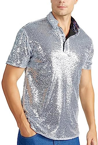 Herren Glitzer Poloshirt Metallic Glänzend Party Pailletten Shirt Button Down Umlegekragen Basic Freizeithemd 70S Disco Party Kostüm Solid Color Kurzarm Oberteil Loose Fit Party Outfit