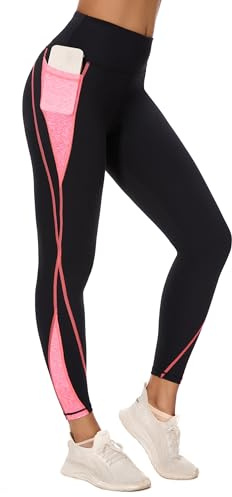 Flatik Leggings de sport pour femme avec poches, leggings opaques pour femme, pantalon de jogging, pantalon de fitness pour femme, noir/rose, XL