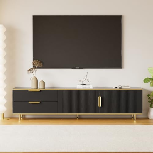 Merax TV Schrank, TV Lowboard mit Schubladen, Moderner Fernsehtisch mit Goldenen Griffen und Füßen, TV Tisch für Wohnzimmer und Esszimmer, Schwarz, 175L x 40B x 45H cm