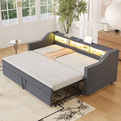 DRIXNO Polsterbett Ausziehbares Schlafsofa 90/180 x 190 cm, Multifunktionales Staufach, LED-Licht und USB-Buchse, mit Lattenrost, Dunkelgrau