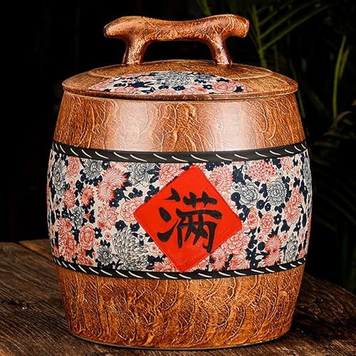 EKDJSN Ceramic Rice Bucket, Ceramic Food Storage Containers, Ceramic Rice Container with Lids With Handle, Traditional Chinese Style Rice Jar, Rice Cylinder Food Dispensers(Brown C,15kg)