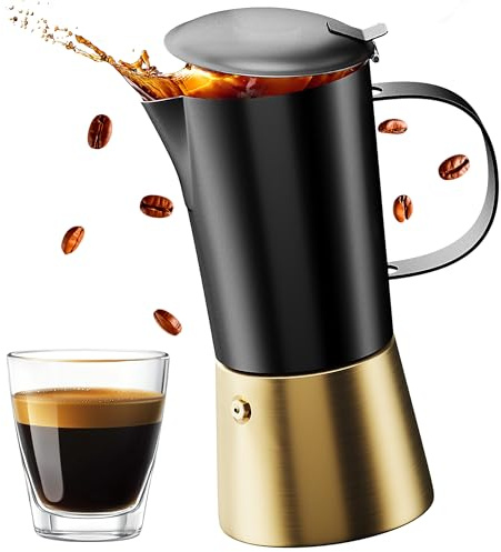 Stovetop Espresso Maker, Stainless Steel Moka Pot 6 Cup, Gold Espresso Maker (12 fl oz), Italian Coffee Pot, Compatible with Gas, Electric and Induction, Black & Gold Finish
