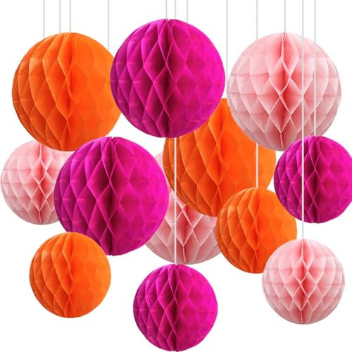 CC wonderland zone Lot de 12 Boules en Papier nid d'abeille Orange et Rose,Honeycomb Balls,Papier Pompom pour Décoration de Fête
