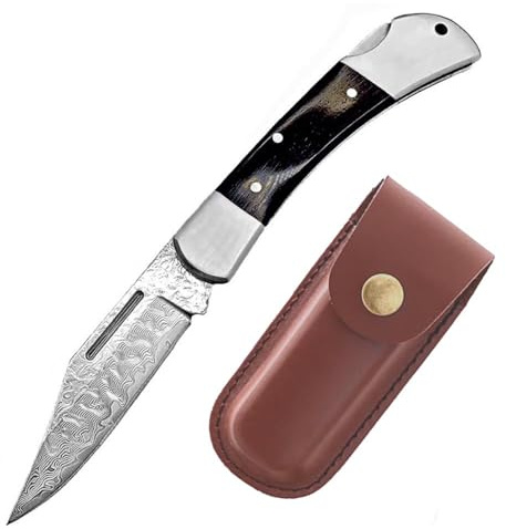 Taschenmesser Hochwertige 7cm Klappmesser Robust Aus Damaszener Damaststahl Holzgriff Outdoor Messer Survival Jagdmesser Scharfes Einhandmesser, Damastmesser, Ebenholz, Klein Edc Messer mit Holster