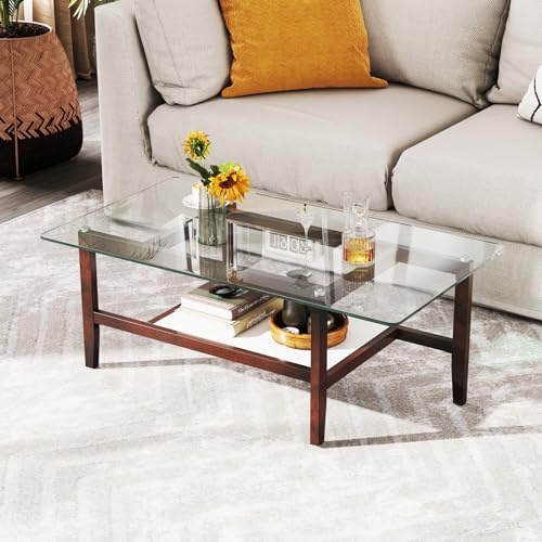 GOPLUS Table Basse en Verre Trempé, Table de Salon Rectangulaire à 2 Niveaux avec Étagère de Rangement, Vitré Style Moderne avec Pieds en Bois Massif, Charge 80+25KG (107x60x42CM)