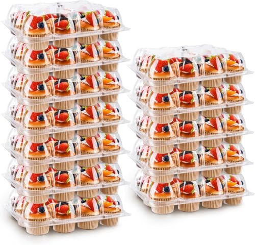 BTSD-home 12 Pack Clear Cupcake Boxes 12 Hole Plastic Cake Box with Detachable Tall Dome Lids For Muffin Baking Cheese Cupcake Carrier(12.2x9.5x3.5 inch)