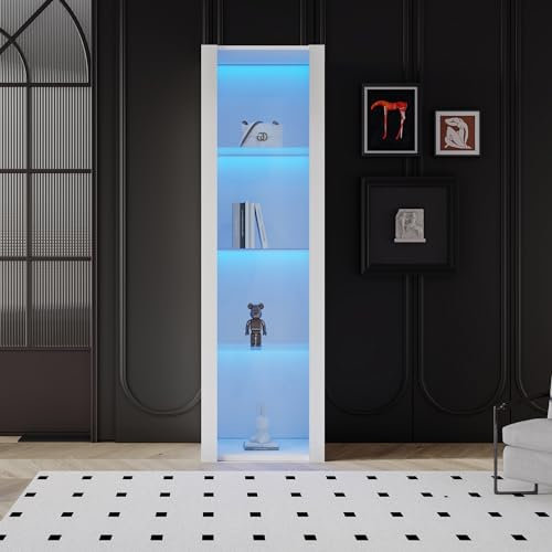 Hochglanz Vitrine mit LED-Beleuchtung 3 Glasböden Standvitrinen 55x38x166 cm Hochschränke für Wohnzimmer Esszimmer Küche Schlafzimmer Büro Lagerschränke Weiß