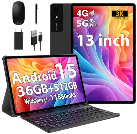 RUSHAR Tablette 13 Pouces Android 15 avec 36Go RAM+512Go ROM(TF 2TB), 4G LTE & 5G WiFi, INCEL 3K HD, 11580mAh/Octa Core/Gemini AI/13MP+8MP/GPS/Widevine L1/BT5.0, Tablette Tactile avec Clavier, Noir