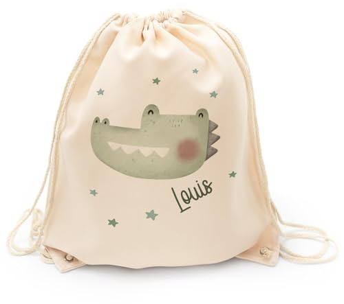 GRAVURZEILE Bedruckter Sportbeutel - Tierkopf Krokodil - Personalisiert mit Namen - Turnbeutel mit Kordelzug für Schule & Freizeit - Geschenk zur Einschulung für Jungen & Mädchen - 36 x 43 cm