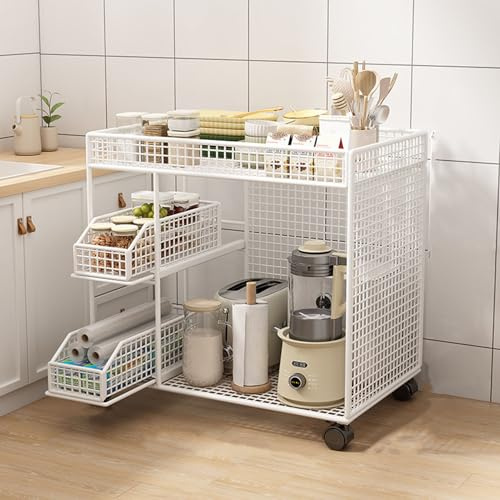 Asixxsix Carrello a Microonde in Cucinas Rotolante, Organizzatore di Cucine e Carrello di Stoccaggio con Cestini Estraibili, Carrello da Bagno,Supporto in Acciaio in Metallo Robusto (WHITE)
