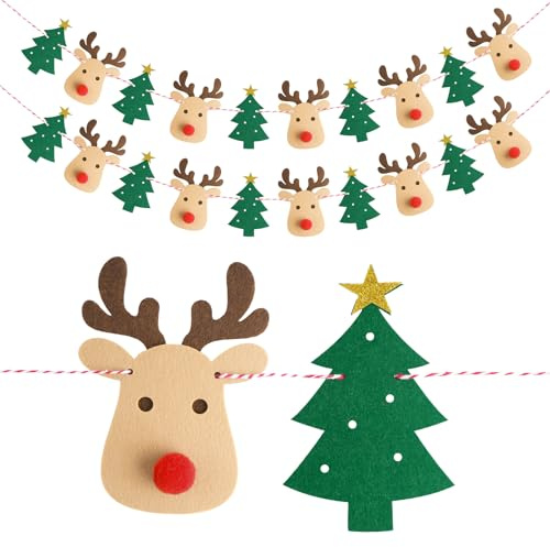 G2PLUS Ghirlanda Natalizia:3m Ghirlanda in Feltro con Motivo Renna e Albero di Natale,2PCS per Natale,Feste,Decorazioni per la Casa,Sulla Parete del Camino