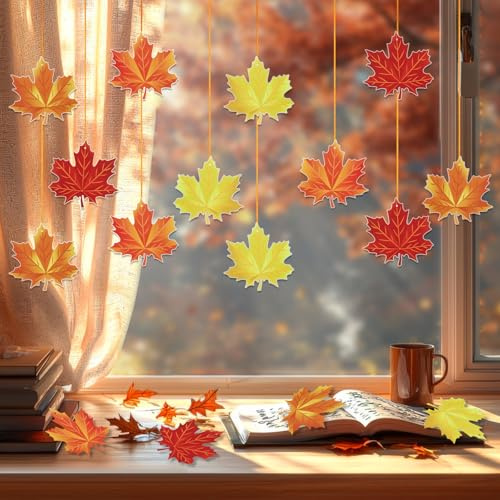 Autumn Hanging Decorations, Kaluofan 16 PCS Maple Leaf Hanging Autumn Decorations, Autumn Party Decorations with Lanyard No DIY for Fall Thanksgiving Party Harvest Party Window Home Decor Supplie