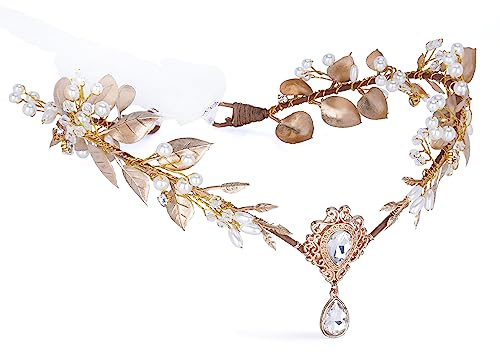 MOSTORY Elfen Kopfschmuck Fee Blumenkranz für Renaissance Faschingskostüme Damen, Gold Blätterkronen for Waldelfee Kostüme Cosplay