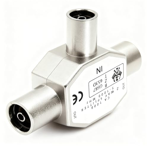 Valquzar TV Aerial Coax Splitter, Digital Signal Antenna Splitter 2 Way 1 Male to 2 Female Adapter Connector Joiner with Shielded Metal Housing for Enhanced Signal Transmission and Stable Connection