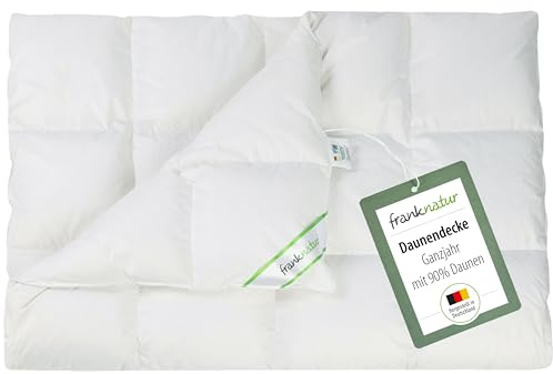 franknatur Daunendecke 135x200 Bettdecke 90% Daunen Ganzjahresdecke Anna | Kassettenbett, Füllung 90% neue Gänsedaunen Klasse 1, Bezug 100% Baumwolle, waschbar, Daunasan und NOMITE zertifiziert