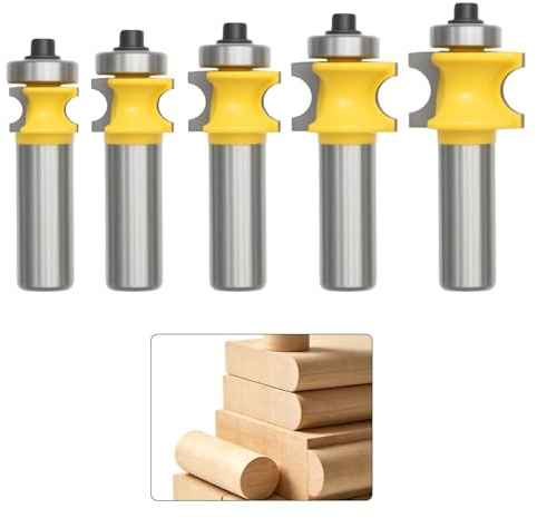 JUUDDENPARTS 5 PCS 1/2 Inch Half Round Bullnose Router Bit Set, Tungsten Steel and Carbon Steel Cutting Tools for Wood, MDF, Plywood, and Particle Board (Sliver&Yellow)
