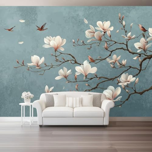 Photo Wallpaper Wall Mural Non-Woven Art Print Wallcovering Affordable Luxury Style Gray Magnolia Flying Birds Landscape Wall Decoration for Bedroom Living Room Office 250 X 175 Cm