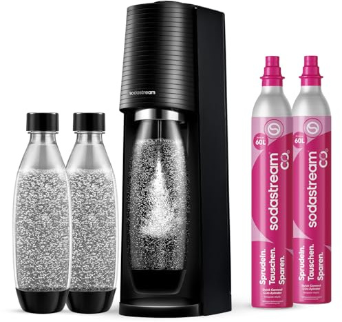Sodastream - Terra Wassersprudler, Quick Connect Zylindersystem, mit 2x 60L CO2-Zylinder, 3x BPA-freie 1L Flasche, spülmaschinengeeignet, Nachhaltig & reduziert Einwegplastikmüll, schwarz
