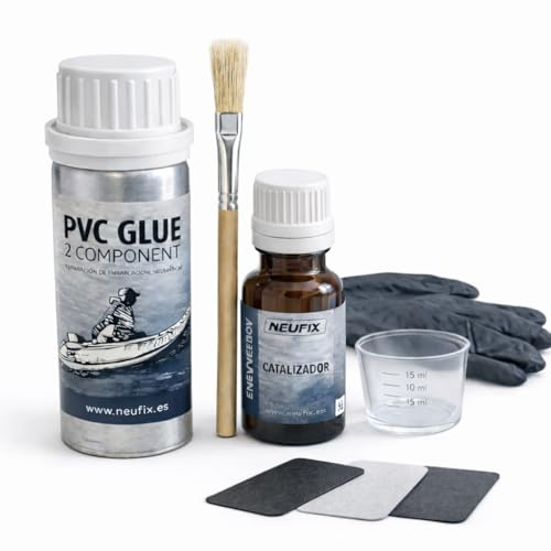 NEUFIX Kit Reparación PVC Profesional – Pegamento PVC 2 Componentes para Zodiac, Paddle Surf, Kayak y Hinchables – Incluye Parches, Pincel, Vaso, Guantes y Toallita (125 ml)
