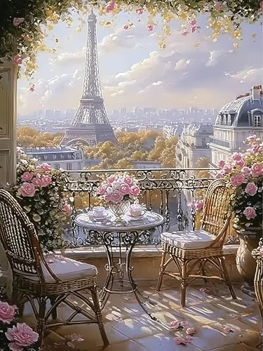 5D Diamond Painting Eiffelturm Paris Kit für Erwachsene und Anfänger, Diamant Painting Bilder mit Rosa Blumen Landschaft, Full Drill Diamond Art DIY Set für Wanddeko und Kreatives Hobby 30x40 cm