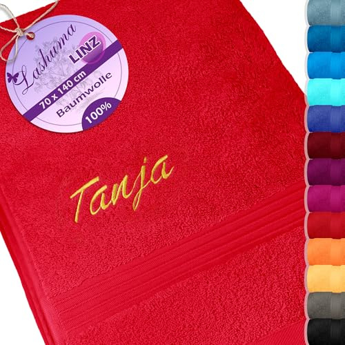 Lashuma Duschtuch Rot - Scharlach mit Namen Stick, Frotteeserie: Linz, Badetuch 70x140