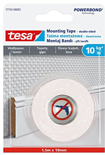 tesa Smart Mounting System Permanent Doppelseitiges Montageband für strukturierte Oberflächen, 1,5 m x 19 mm, Weiß