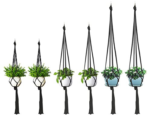 Macrame plant hanger, 6 Pack Black Indoor Outdoor Hanging Planter Flower Pot Basket Hanging Cotton Rope Handmade Wall Hanging Plant Holders (60cm *2, 80CM *2, 100cm*2)