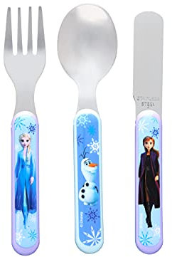 Disney Frozen II 3 Piece Cutlery Set - Metal, Reusable Children's Knife, Fork & Spoon, Kids-Size, Made from Food-Safe Stainless Steel & ABS Plastic - with Elsa, Anna & Olaf - for 36 Months & Up