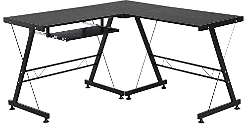 HOMCOM Scrivania Angolare Moderna Nera Dritta Postazione da Lavoro per Computer con Vano Tastiera MDF, Metallo a forma di L: 130L x 130P x 73.5A cm dritta: 210L x 50P x 73.5A cm Nero