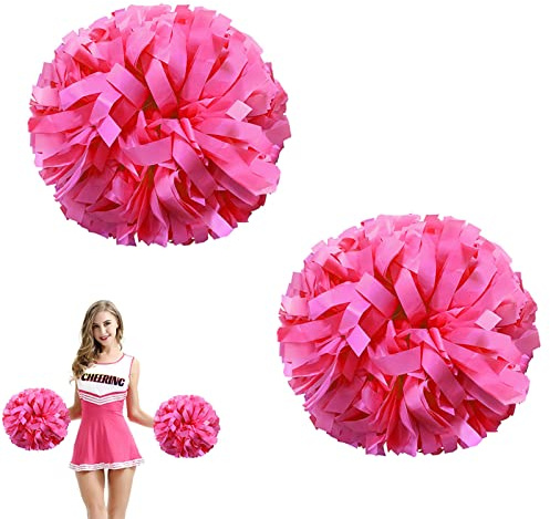 AUHOTA 2 Stück Kunststoff Cheerleading Pom Poms mit Taktstock Griff, Cheerleader Pompons Handblumen (Rosa)