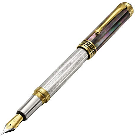 Xezo Maestro Fountain Pen, Fine Nib. Solid 925 Sterling Silver and Tahitian Black Mother of Pearl with 18 Karat Gold Plating. Handcrafted, Limited Edition, Serialized
