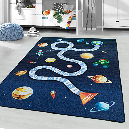Ayyildiz Kinderteppich Spielteppich Hüpfkästchen, Raumschiff, Astronaut, Weltraum, Planeten Motiv, rechteckig, 8 mm, Kurzflor, Größe:140 x 200 cm, Farbe:Marineblau